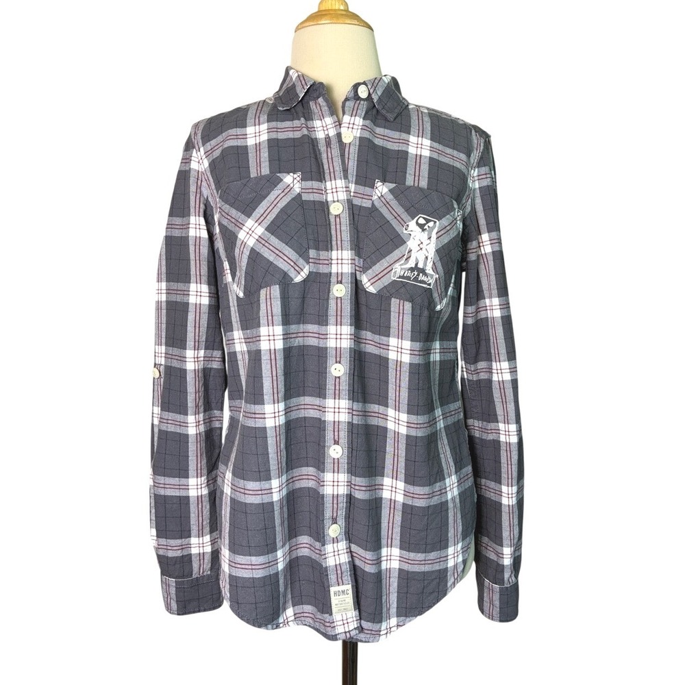 HARLEY DAVIDSON‎ Women Small Grey White Plaid Roll Tab Sleeve Button Up Shirt